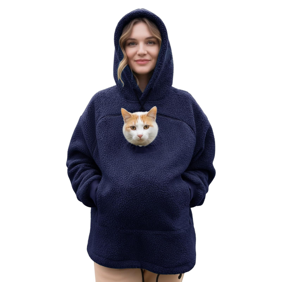 Hoodie med ficka för katt – marinblå