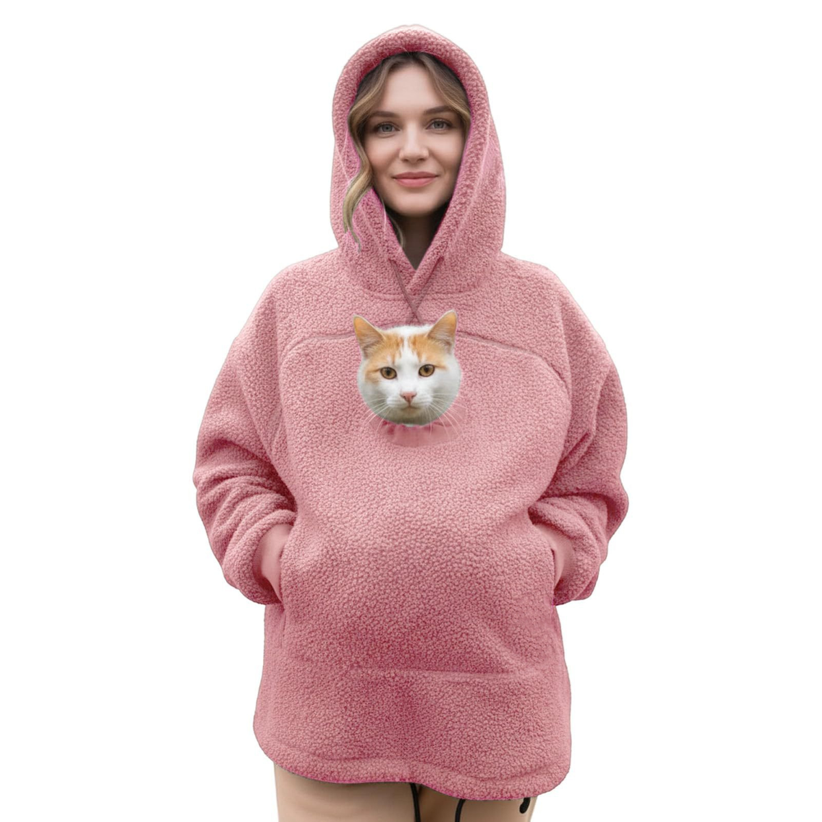 Hoodie med ficka för katt – rosa
