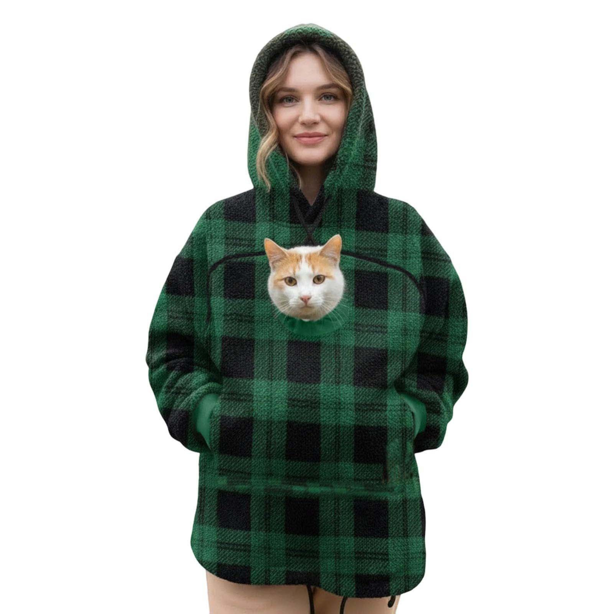 Hoodie med ficka för katt – grönrutig