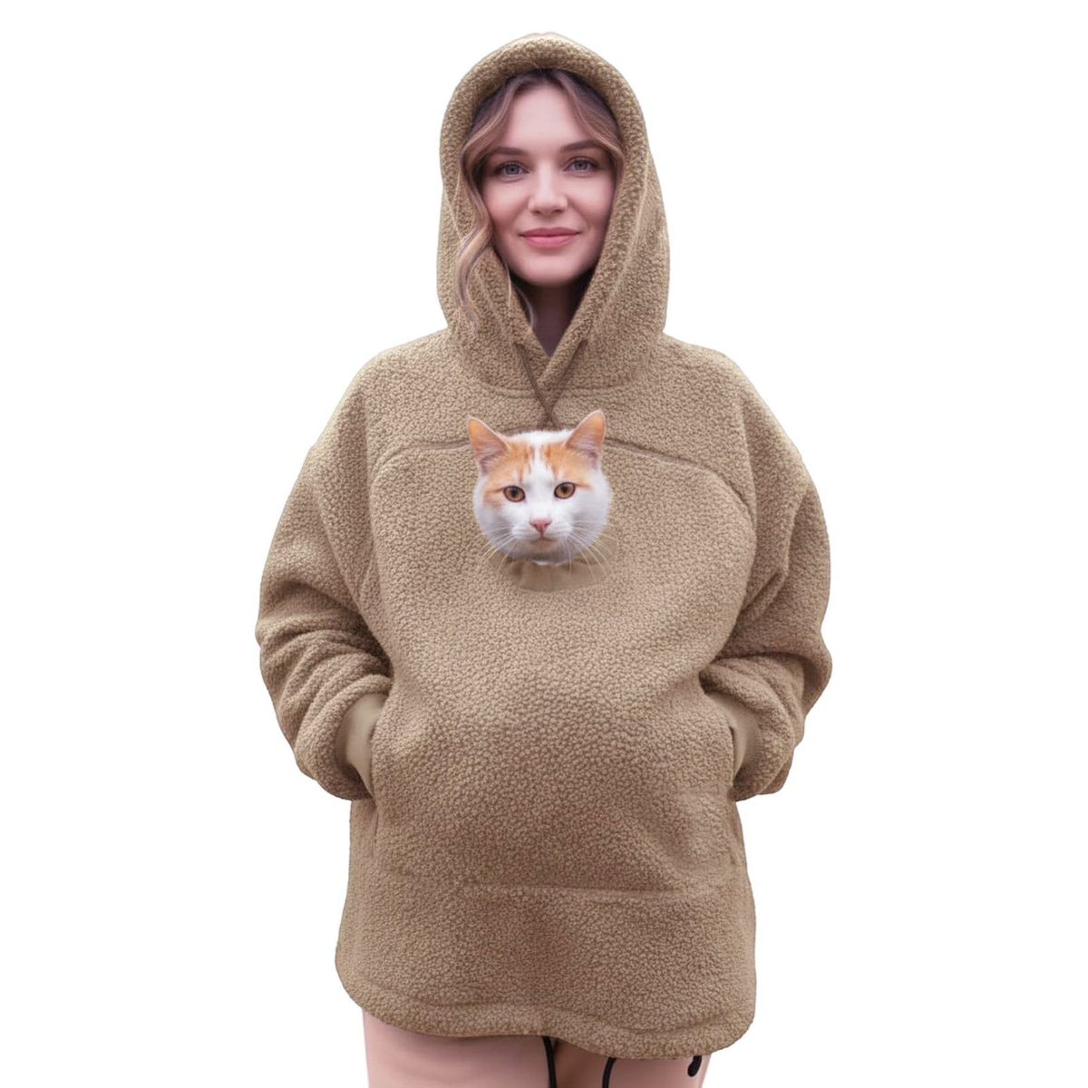 Hoodie med ficka för katt – khaki
