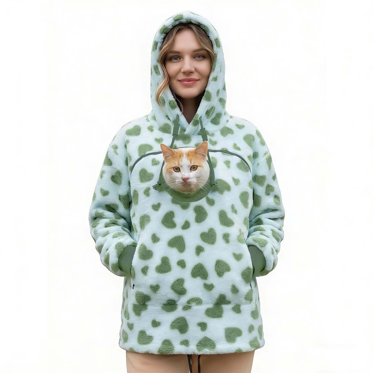 Hoodie med ficka för katt – mintgrön med gröna hjärtan