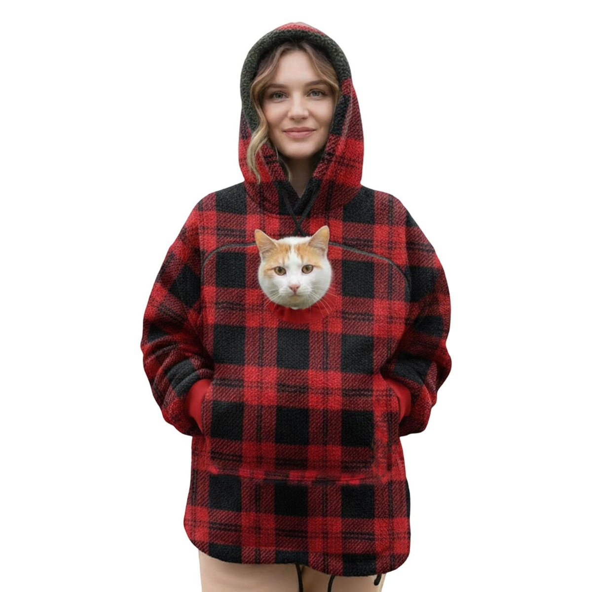 Hoodie med ficka för katt – rödrutig