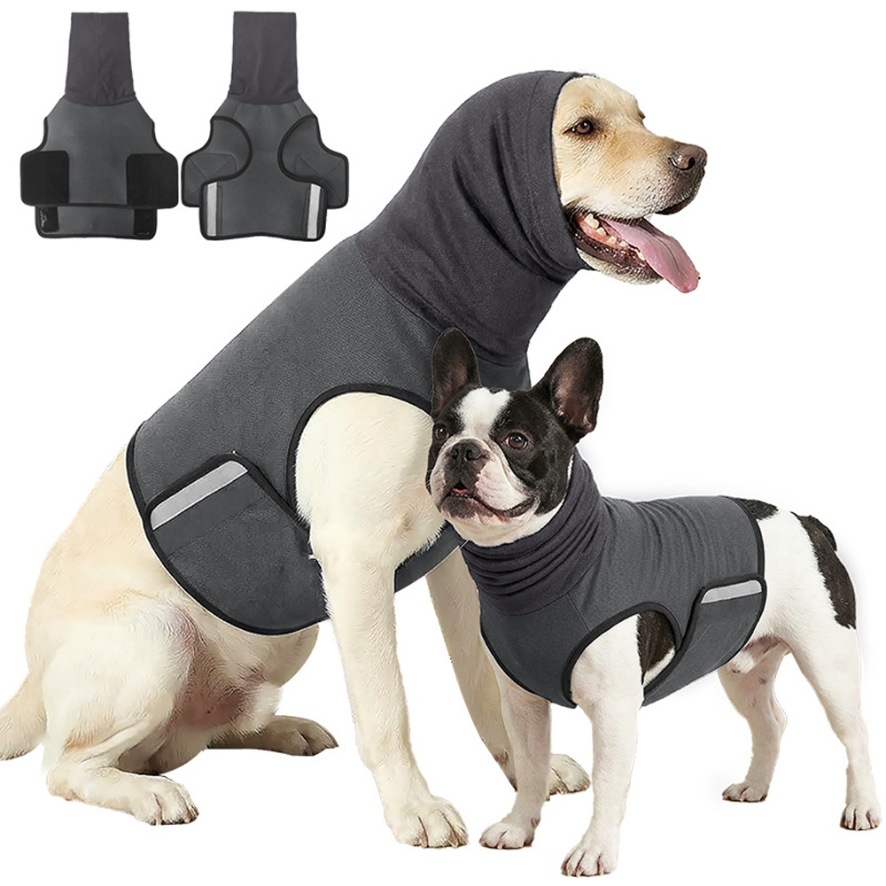 Ångestväst för hund med huva i mörkgrå – lugnande väst mot fyrverkerier, med reflexband och kardborre