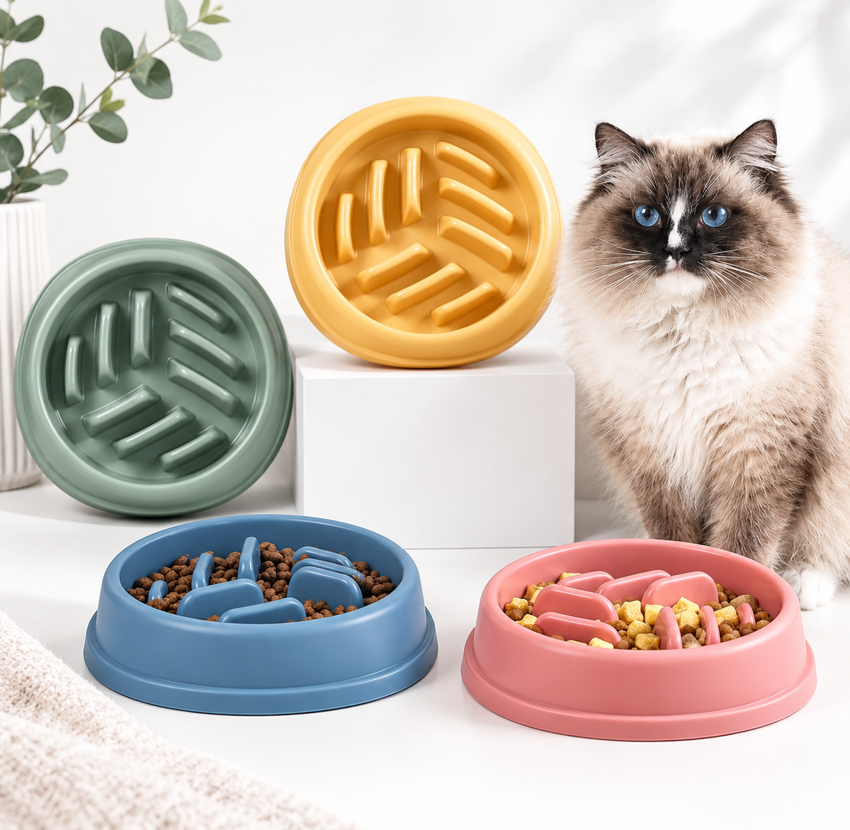 Slow feeder skål för hund och katt i grön, blå, gul och rosa – långsam matskål med katt