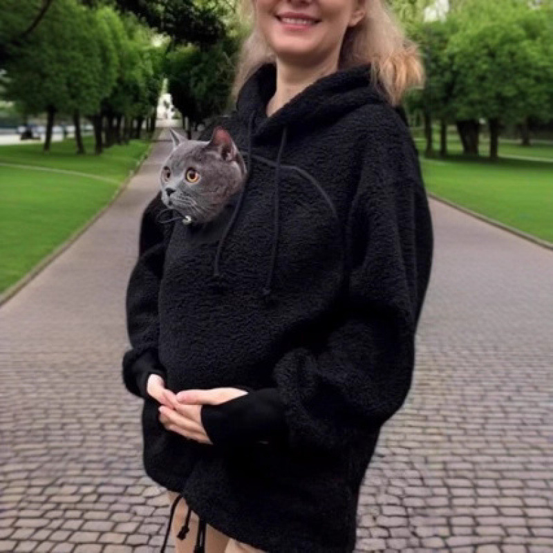 Hoodie med ficka för katt – svart