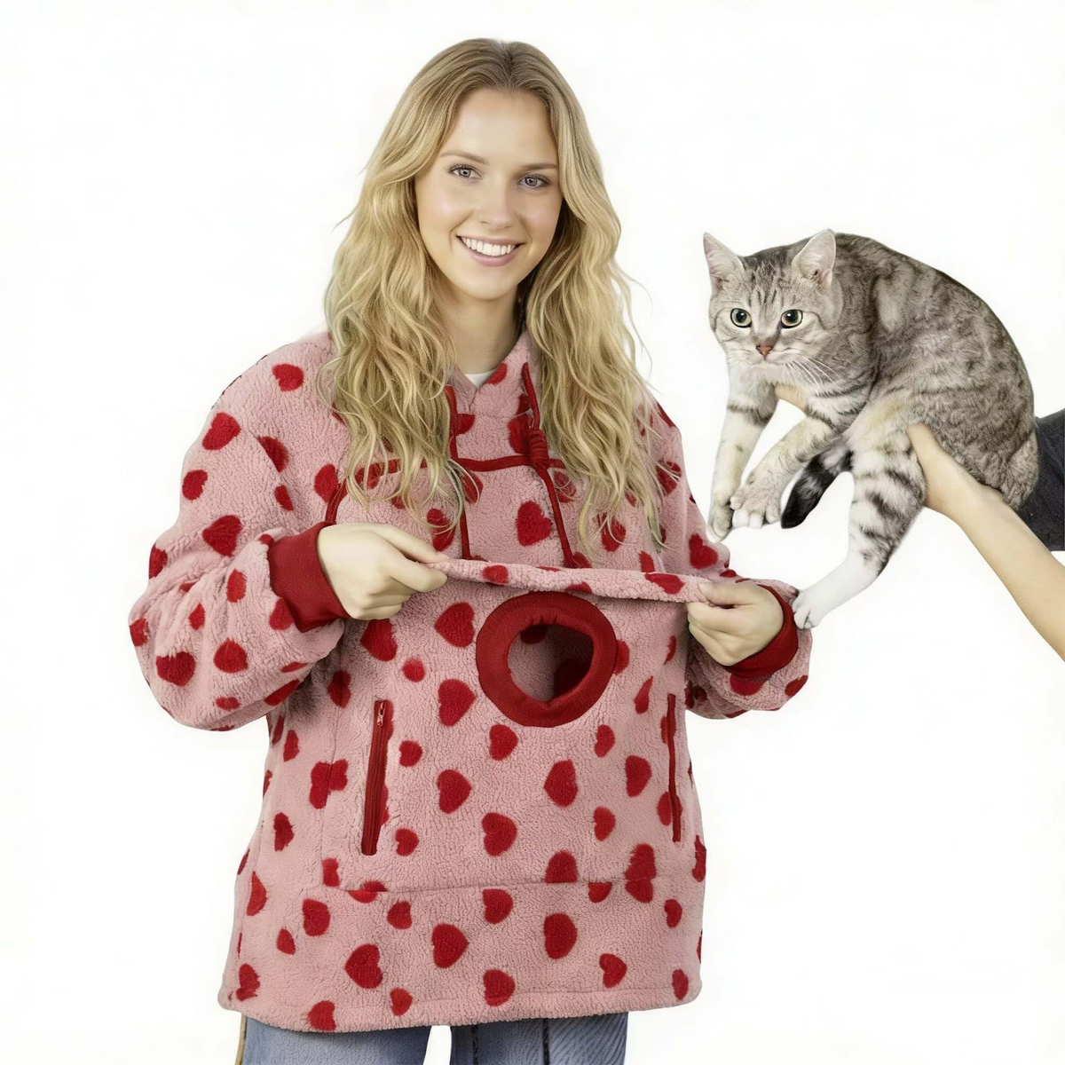 Hoodie med ficka för katt – rosa med röda hjärtan