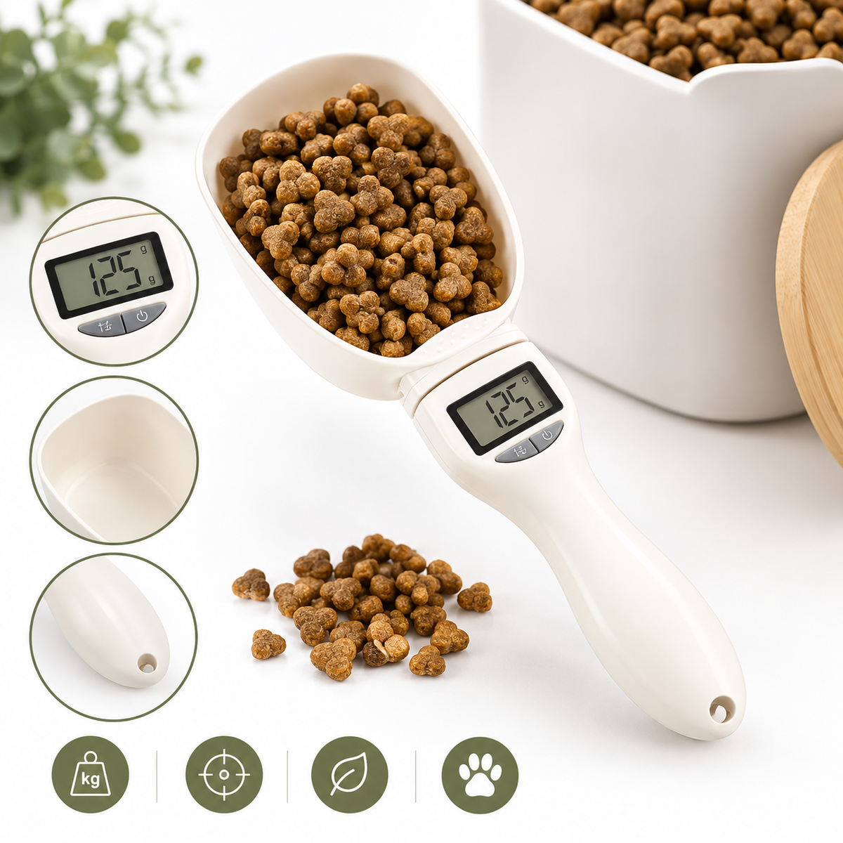 Digital matskopa med våg fylld med torrfoder – visar 125 gram