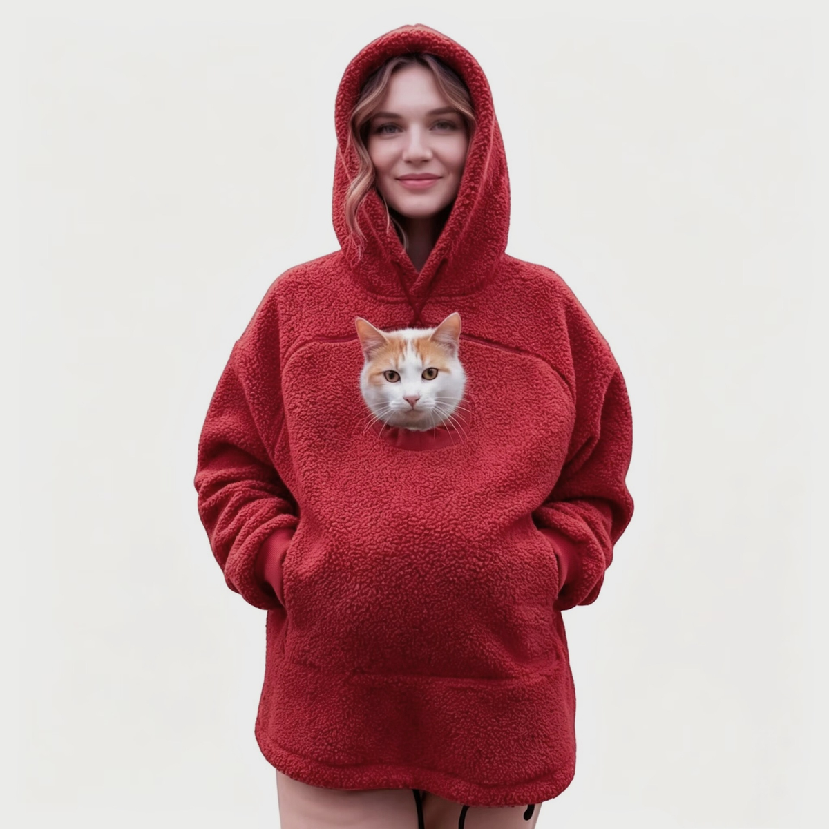 Hoodie med ficka för katt – röd