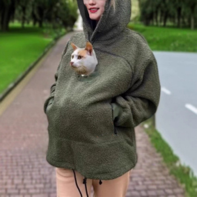 Hoodie med ficka för katt – armégrön