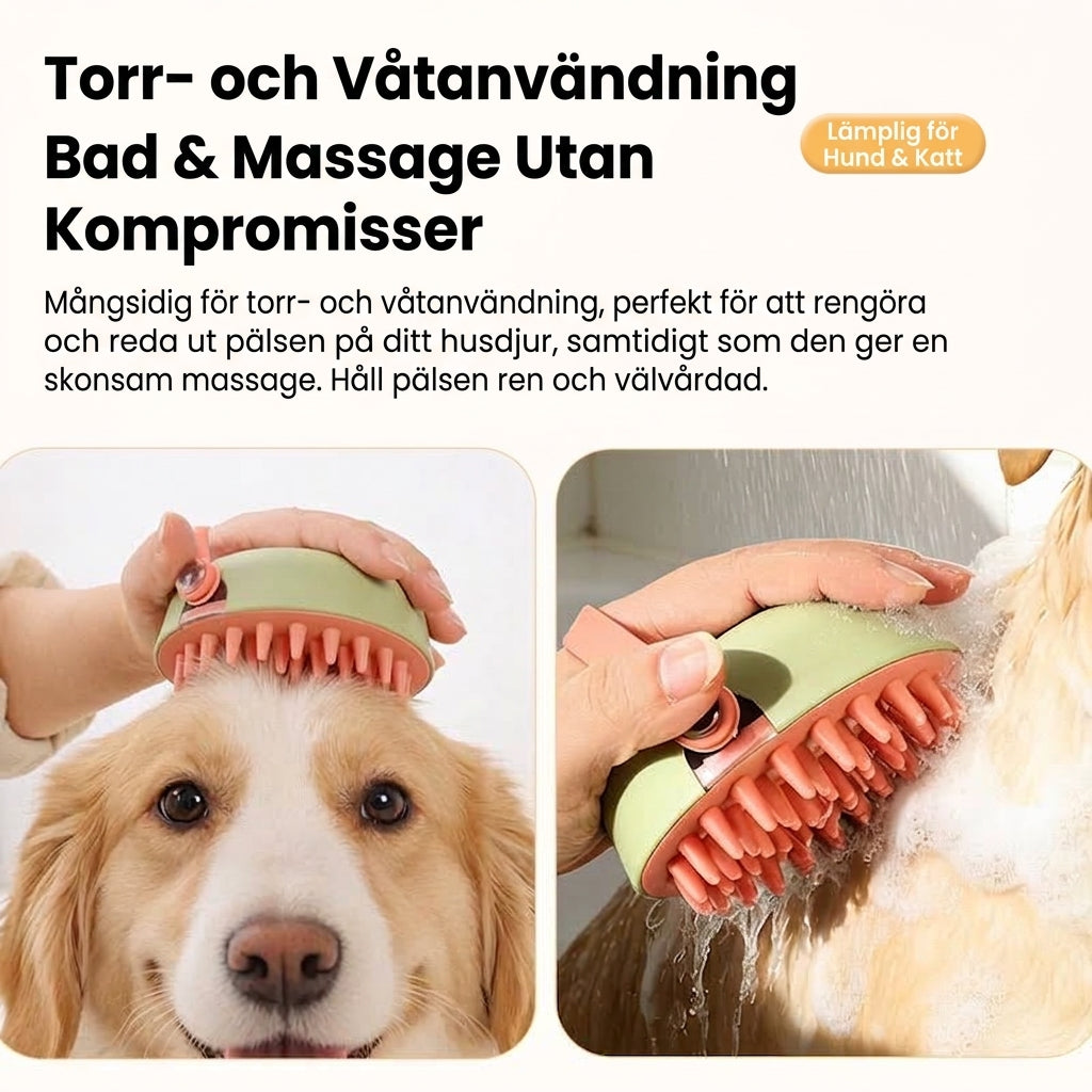 Badborste för hund med schampobehållare och justerbar rem
