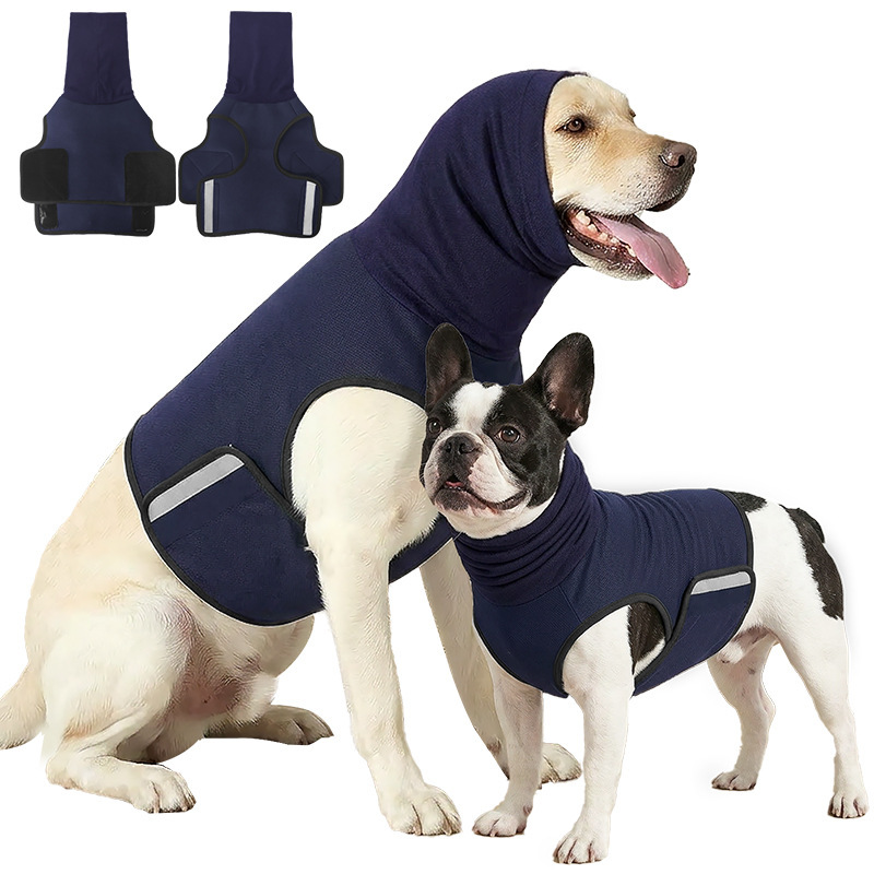 Ångestväst för hund med huva i mörkblå – lugnande väst mot fyrverkerier, med reflexband och kardborre
