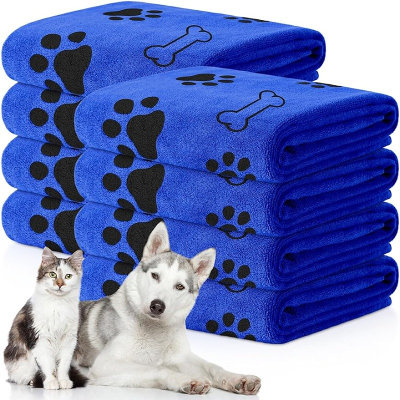 Badhandduk för hund och katt i mikrofiber med tassmönster – blå