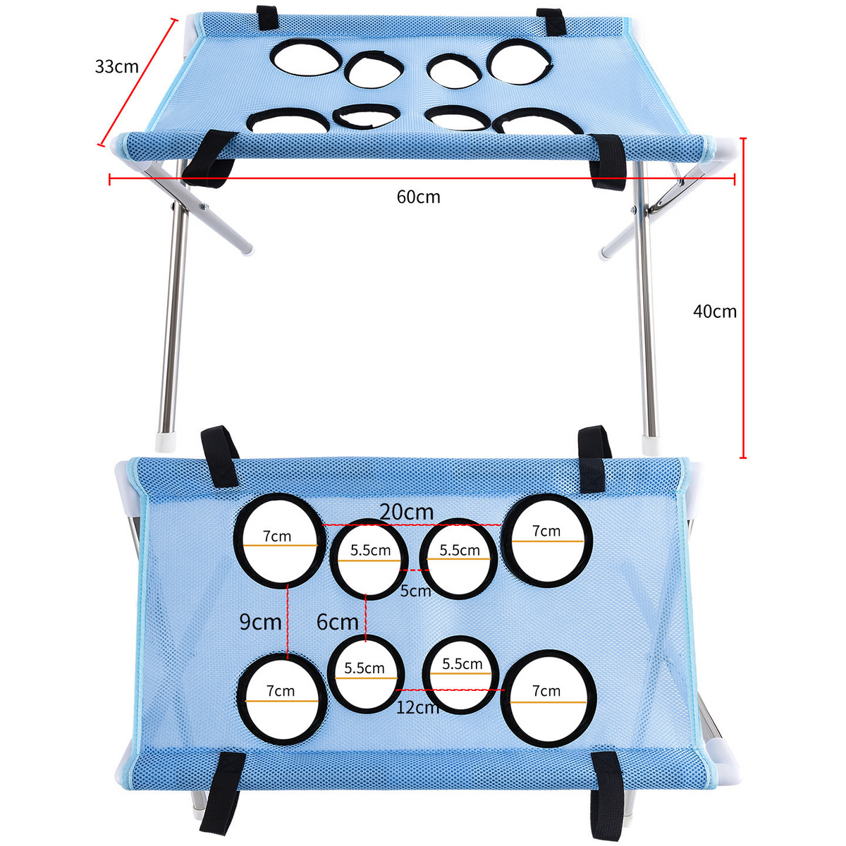 Mått på hängmatta för kloklippning – 60 × 33 cm, höjd 40 cm, hål 5,5 och 7 cm