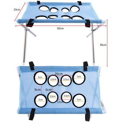 Mått på hängmatta för kloklippning – 60 × 33 cm, höjd 40 cm, hål 5,5 och 7 cm