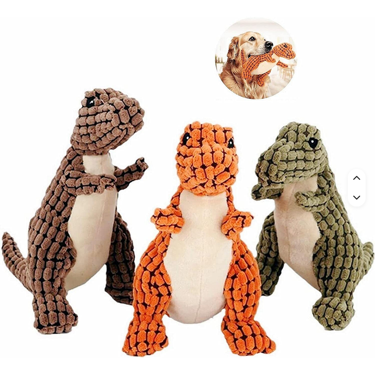 Hundleksak dinosaurie med pip i majsfiber – brun, orange och grön
