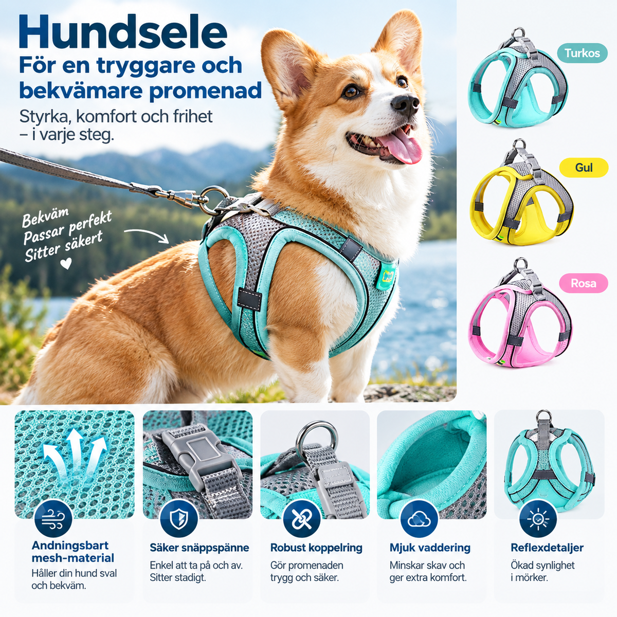 Hundsele i andningsbart mesh med reflexdetaljer, snäppspänne och vaddering – turkos, gul och rosa