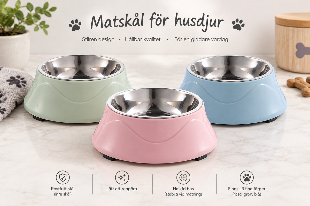 Hundskål & kattskål med rostfri insats i rosa, grön och blå – halkfri bas, lätt att rengöra