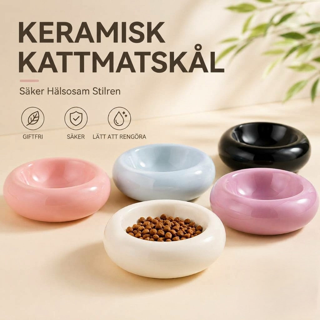 Donutformad kattskål i keramik – mat- och vattenskål för katt