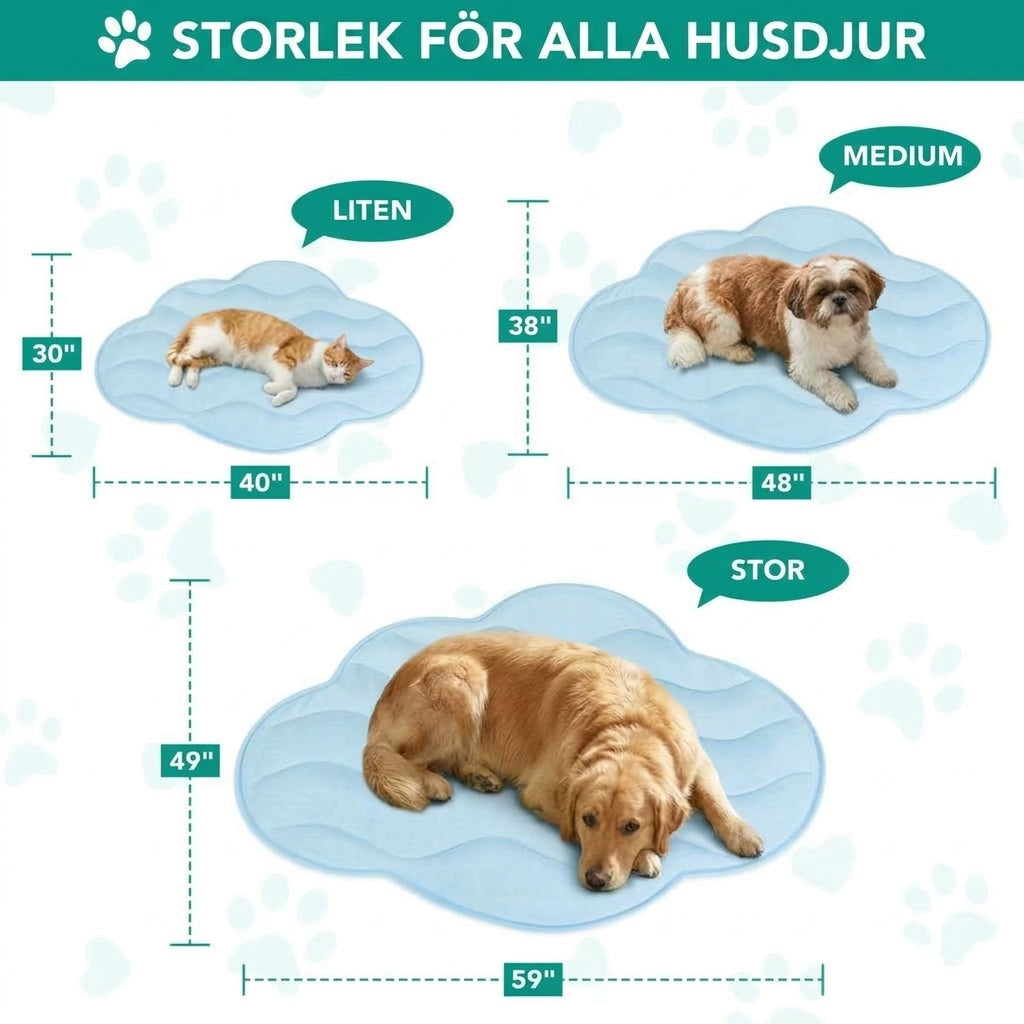 Storlekar på molnformad kylmatta för hund och katt – liten, medium och stor