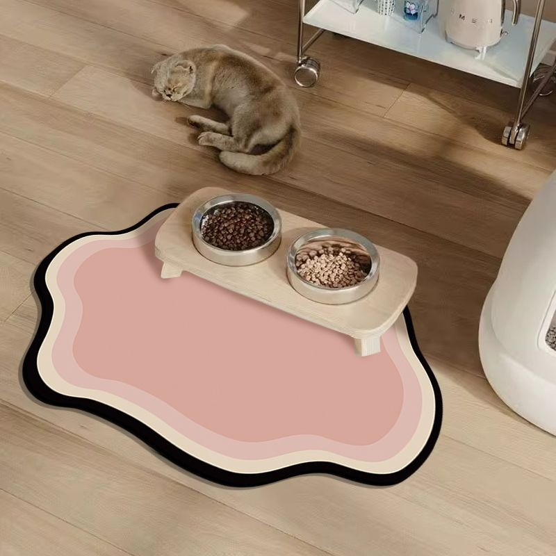 Matmatta för hund och katt i vågform, rosa med beige kant