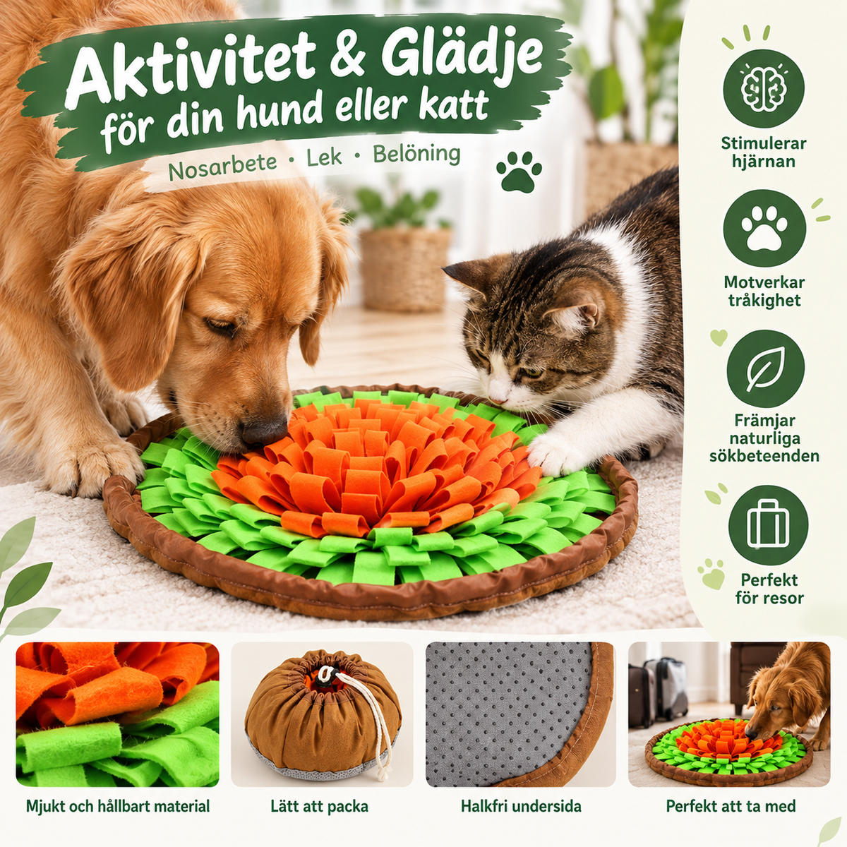Hund och katt söker godis i nosmatta – grön/orange, halkfri undersida och lätt att packa