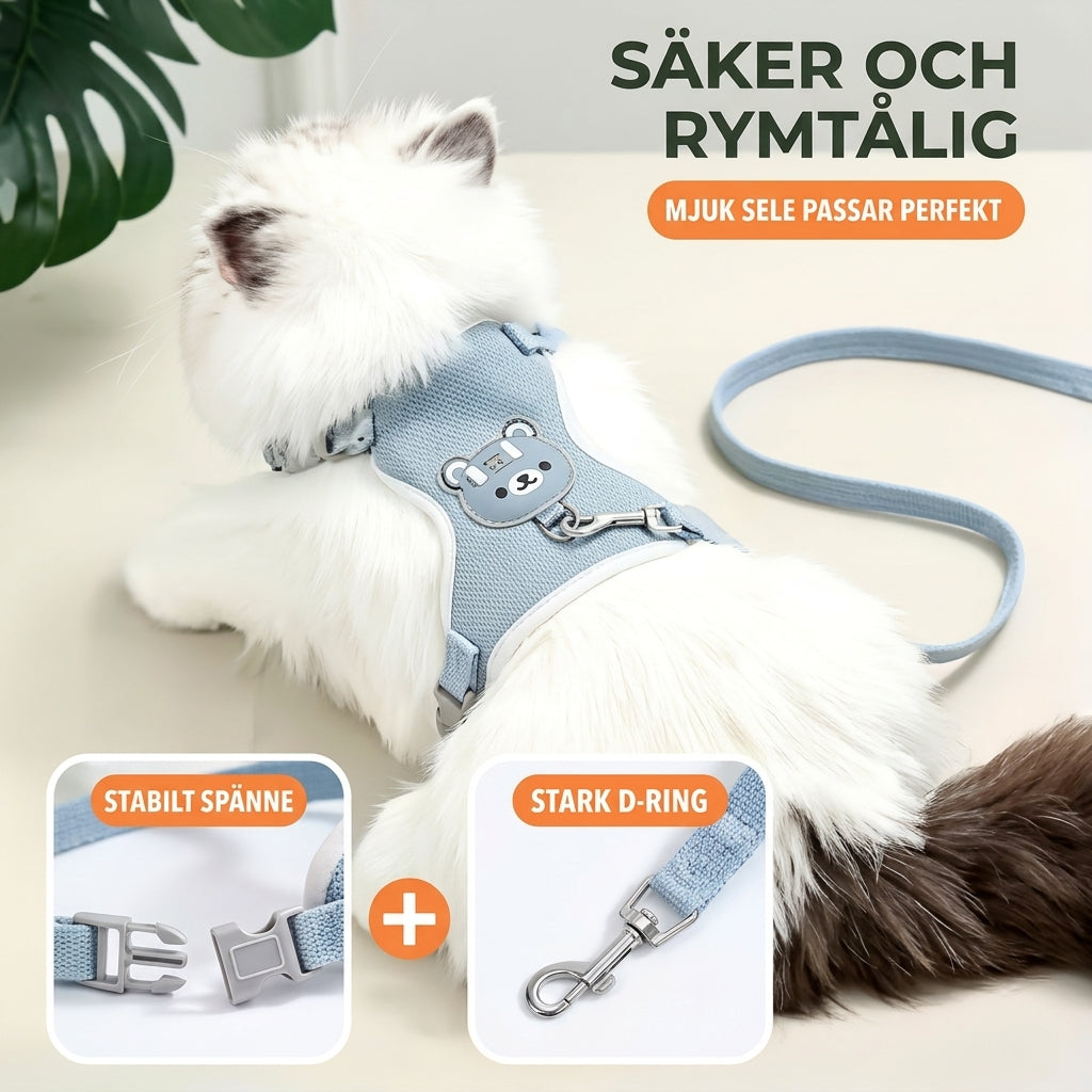 Säker och rymtålig kattsele med stabilt spänne och stark D-ring