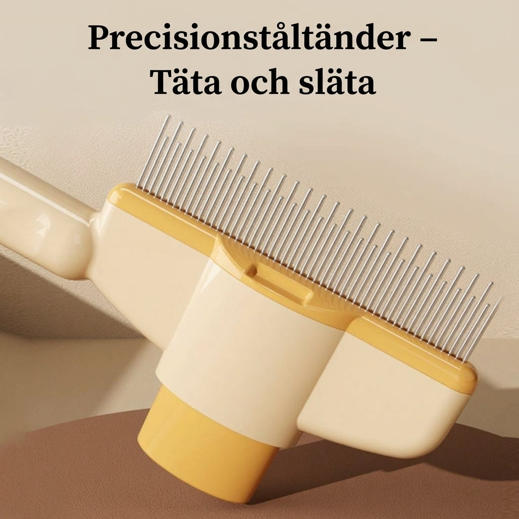 Närbild på kammens täta och släta tänder i rostfritt stål