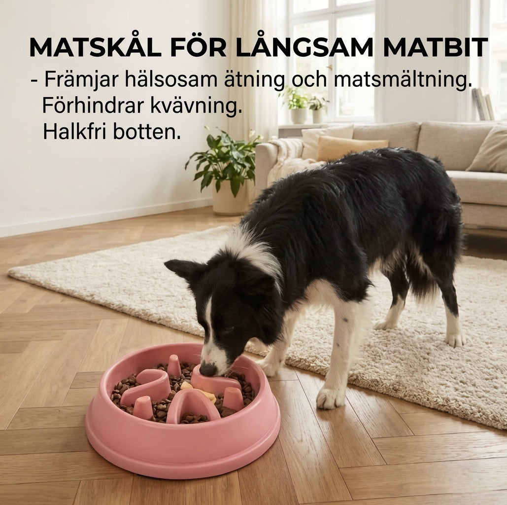Hund äter ur rosa slow feeder skål – matskål för långsam måltid med halkfri botten