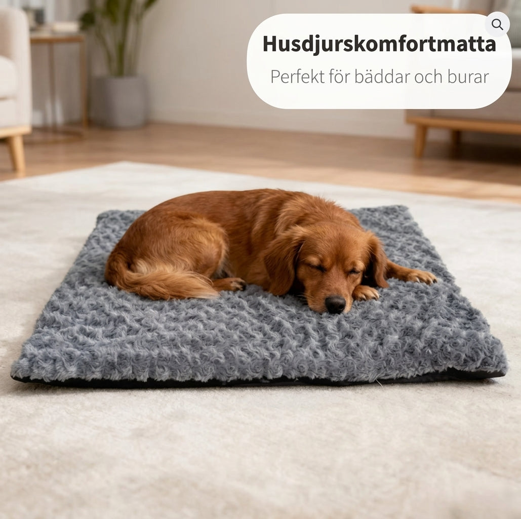 Hund sover på mörkgrå självvärmande husdjursmatta – perfekt för bäddar och burar